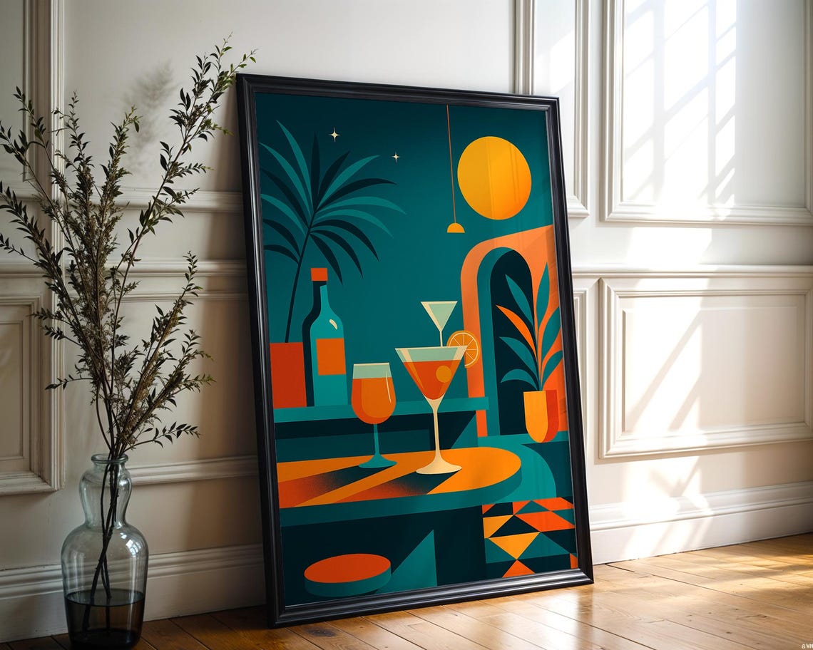 Retro Cocktail Bar Dark Teal Martini Glasses Night Lounge Art Poster