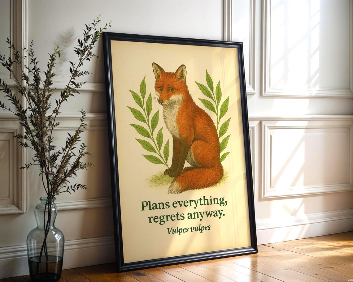 Red Fox Funny Quote Plans Everything Botanical Vintage Poster