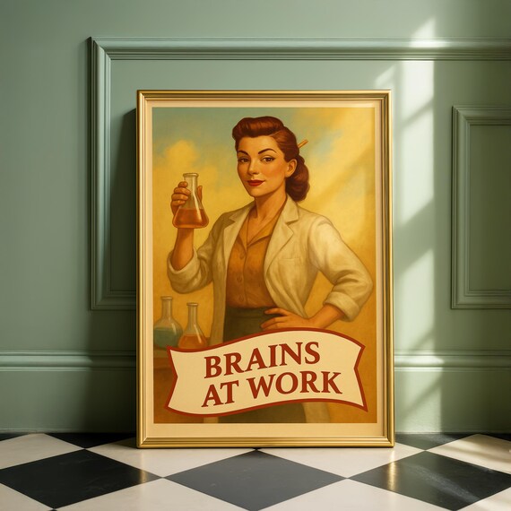 Retro Scientist Woman Brains at Work Vintage Laboratory Poster