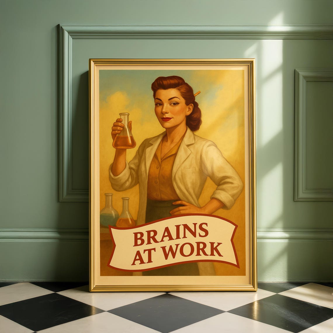 Retro Scientist Woman Brains at Work Vintage Laboratory Poster