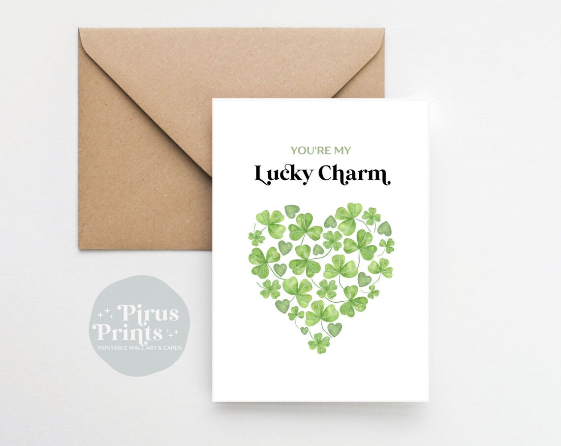 You're My Lucky Charm Shamrock Heart Watercolor Printable Card Print