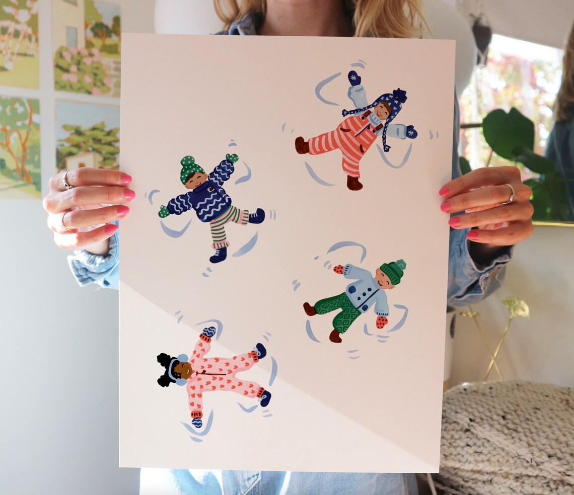 Snow Angels Holiday Christmas Watercolor Art Print - Image 4