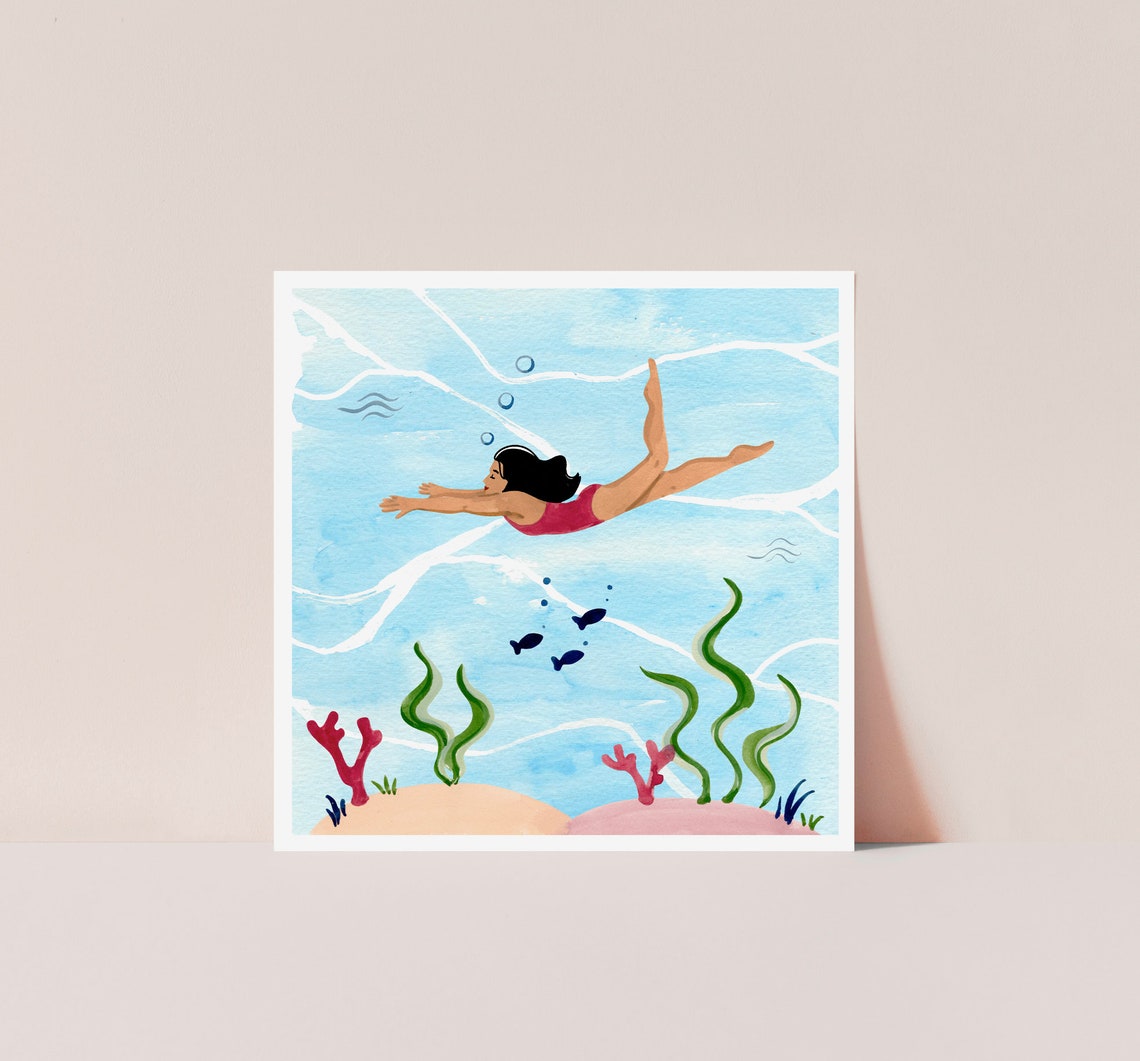 Woman Swimming Underwater Ocean Coral Watercolor Art Square Print - Image 3