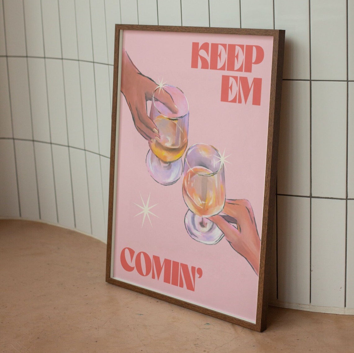 Keep Em Comin Toasting Sparkling Cocktails Pink Retro Bar Cart Poster - Image 2