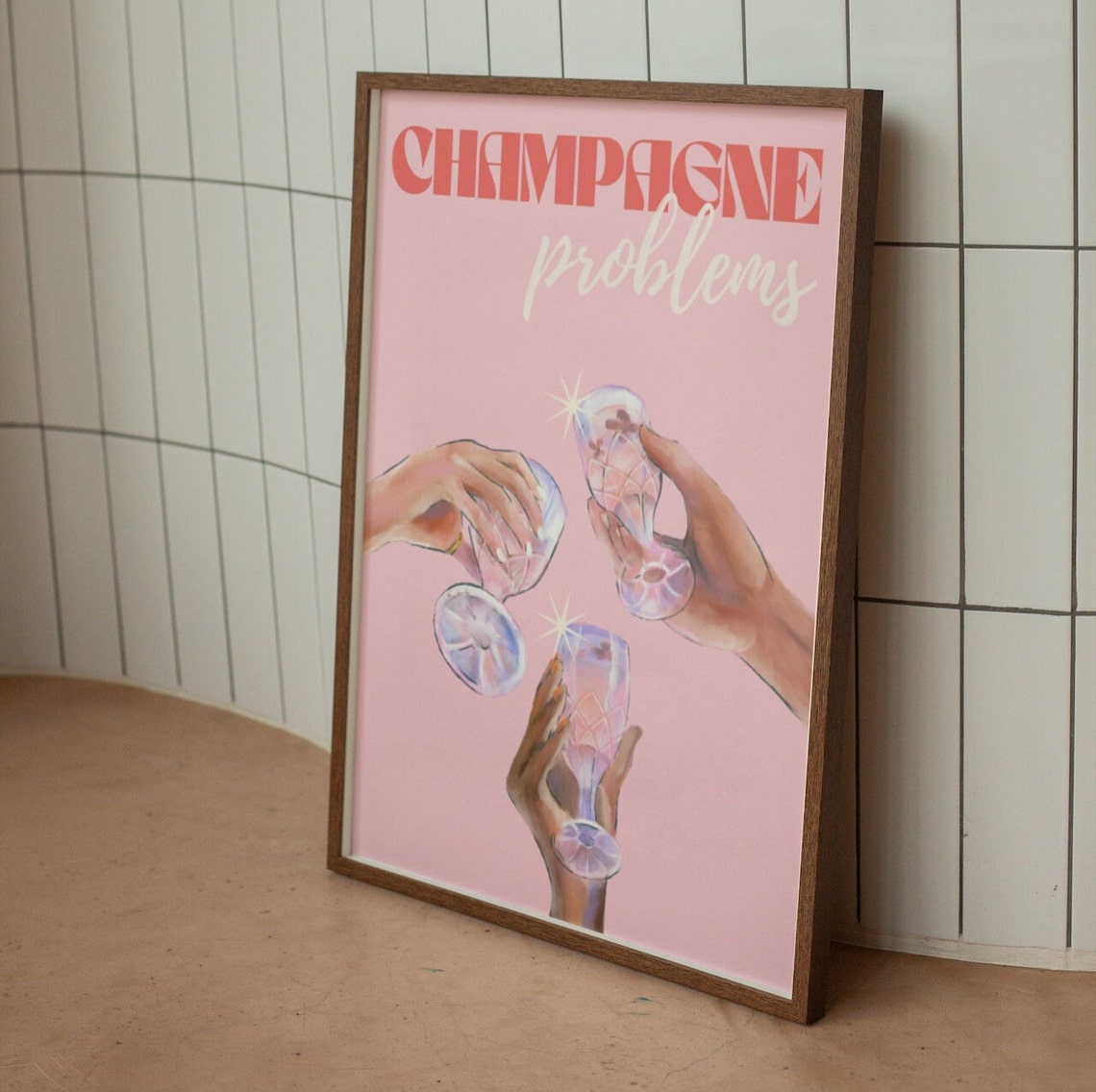 Champagne Problems Pink Cocktail Cheers Retro Bar Cart Decor Poster - Image 2