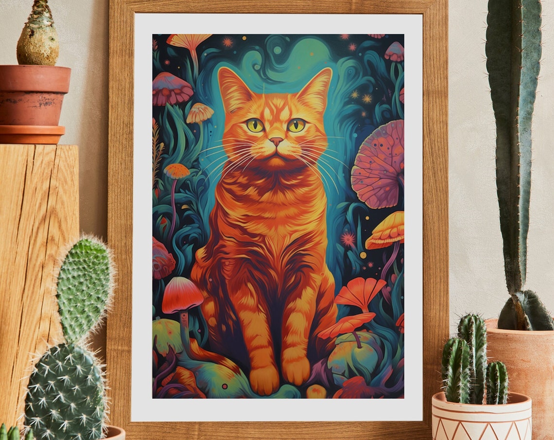Psychedelic Orange Tabby in a Teal Mushroom Jungle Art Poster - Image 2