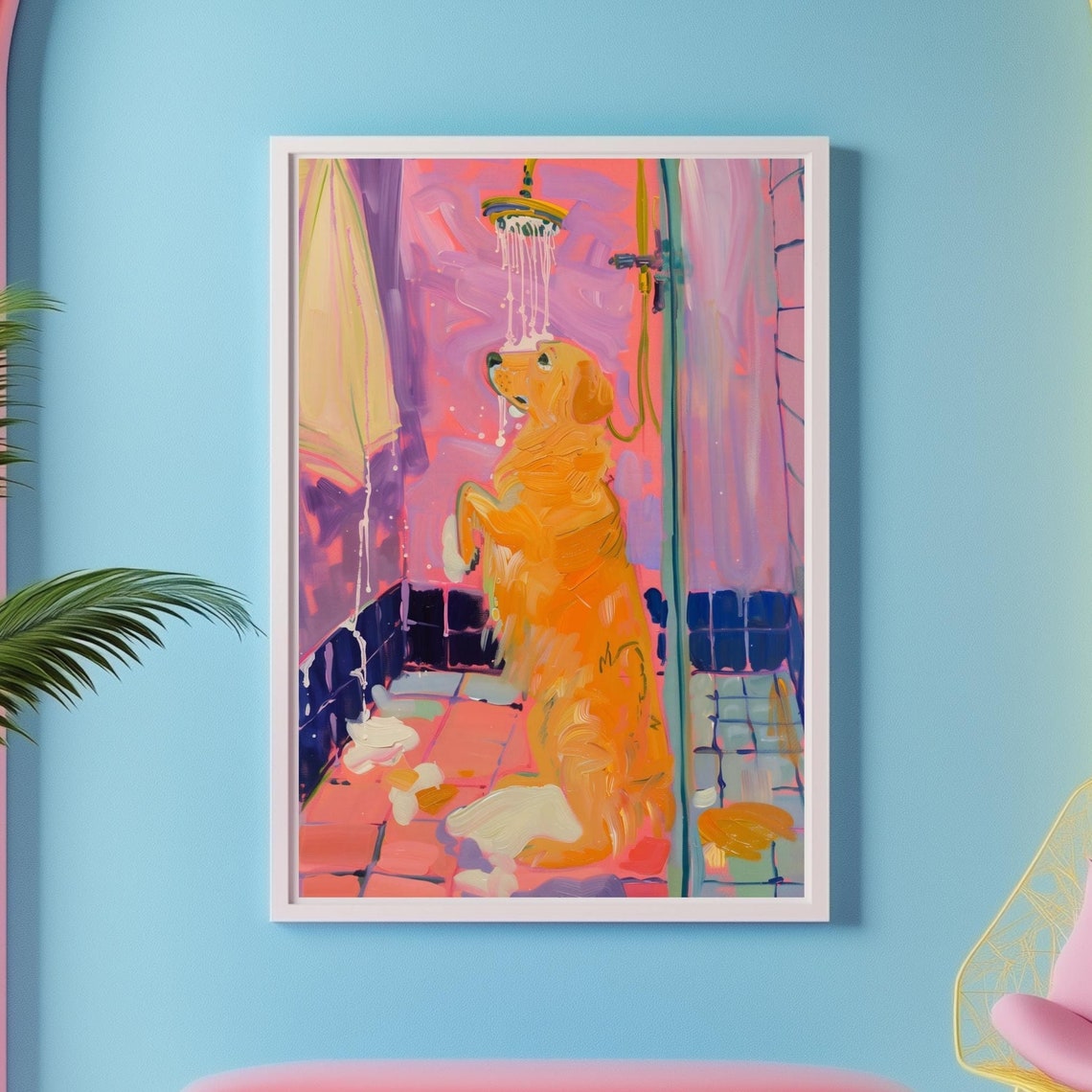 Golden Retriever In Shower Poster Colorful Funny Bathroom Artwork - Image 2
