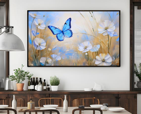 Blue Butterfly And White Flower Art Large Abstract Nature Painting Horizontal Wall Decor For Bedroom Modern Botanical Wall Art Print
