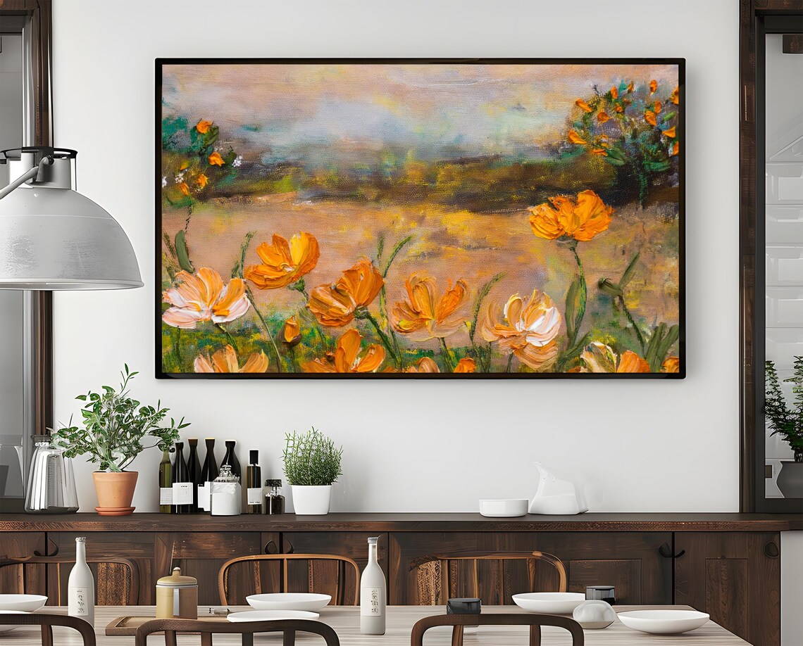 Orange Floral Meadow, Minimalist Flower Art Print