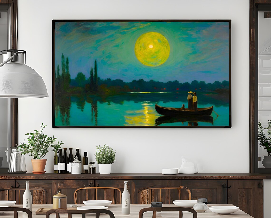Yellow Moon Over Lake, Tranquil Night Landscape