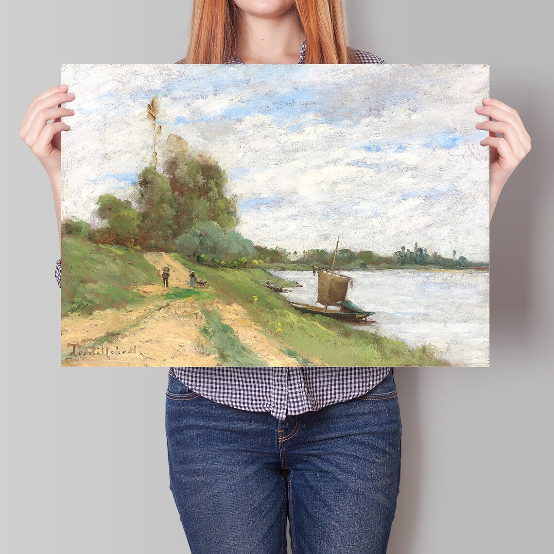 Vintage Oil Painting River Towpath Walkers Moored Sailboat Art Poster - Image 4