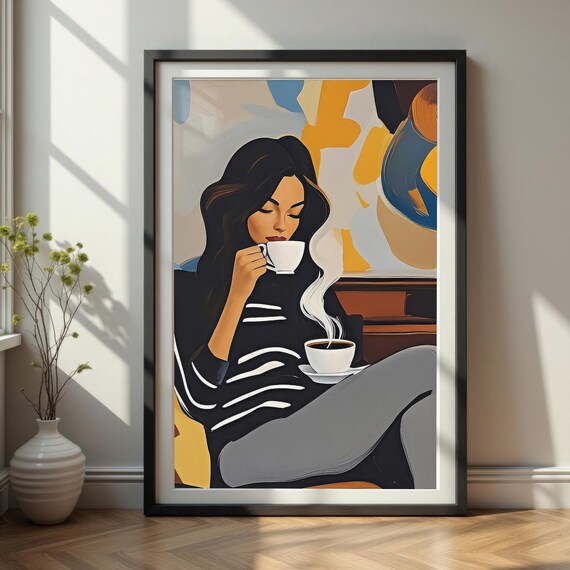 Modern Woman Coffee Art Print, Abstract Portrait