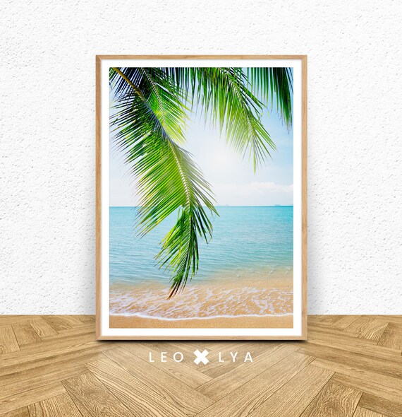Palm Tree Print Tropical Print Ocean Print Coastal Art Beach Print Sea Blue Print Heavenly Beach Print Green Leaves Print Home Decor