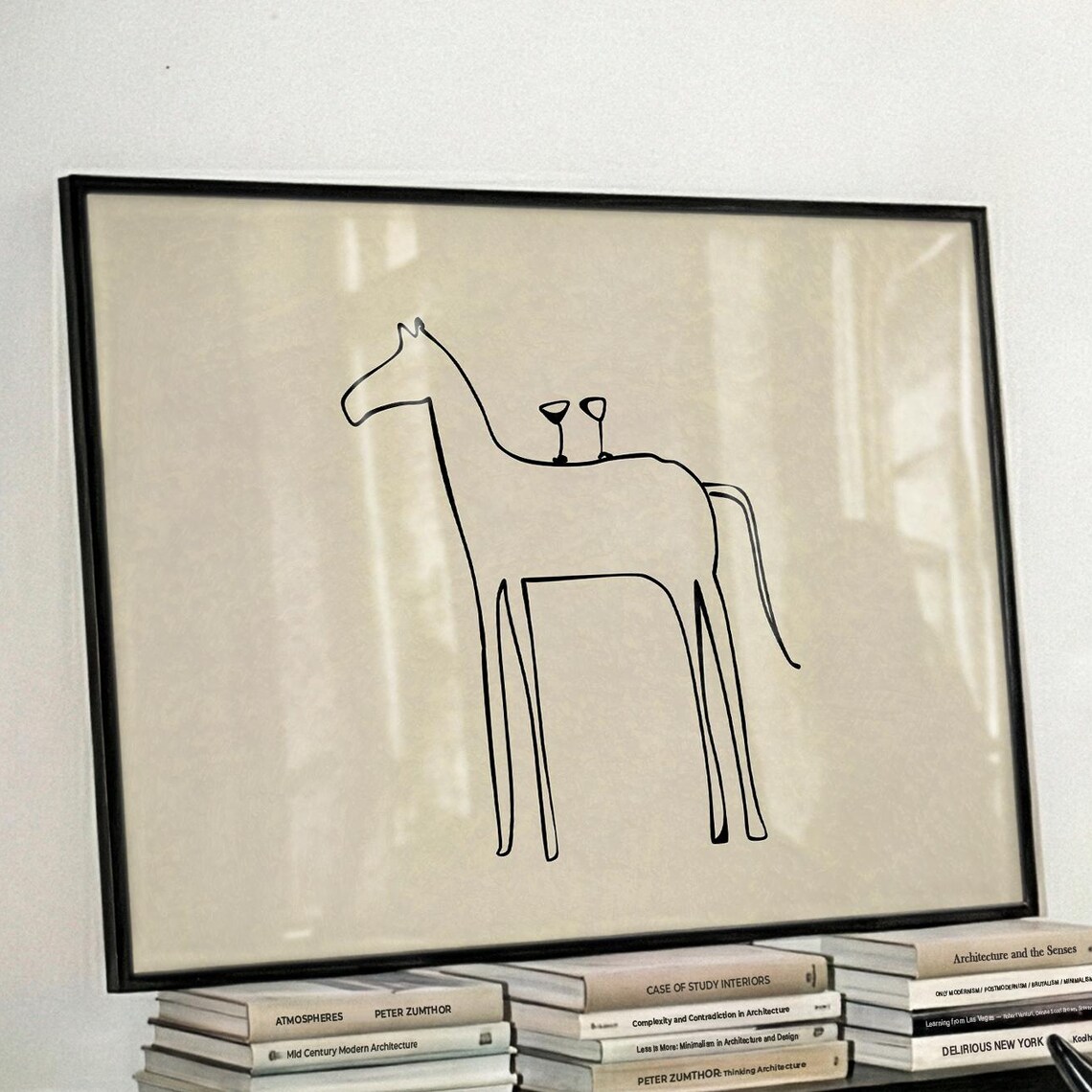 Minimalist Line Horse With Cocktails Quirky Handdrawn Kitchen Wall Art