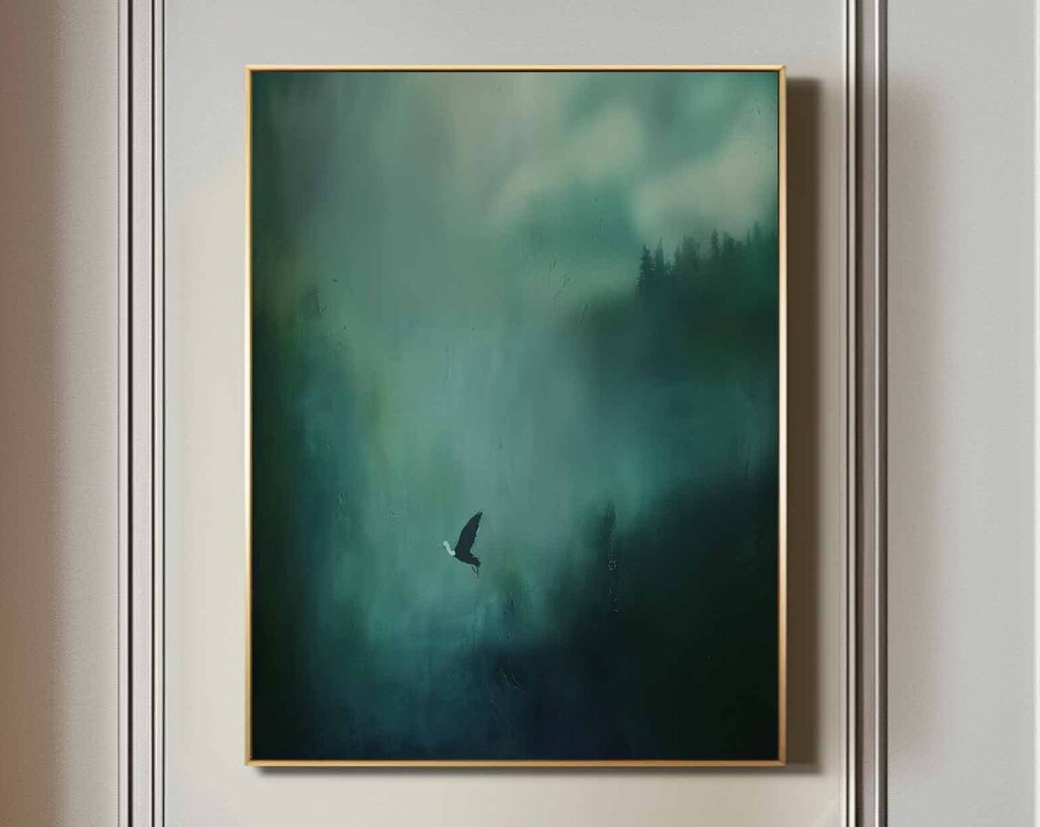 Dark Green Misty Forest Lone Bird Surreal Atmospheric Painting Print
