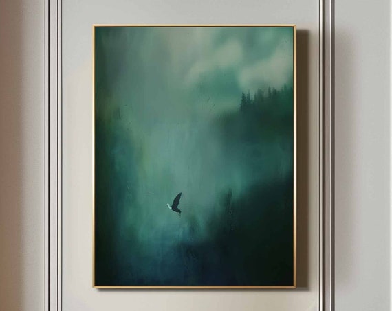 Surrealist Dark Green Sky Painting Dark Green Wall Decor Abstract Painting Minimalist Wall Art Maximalist Decor Dark Green Wall Art