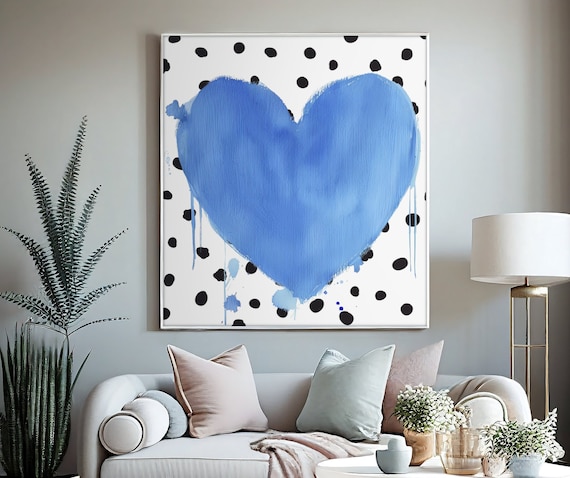Large Blue Watercolor Heart on Black Polka Dots Abstract Poster