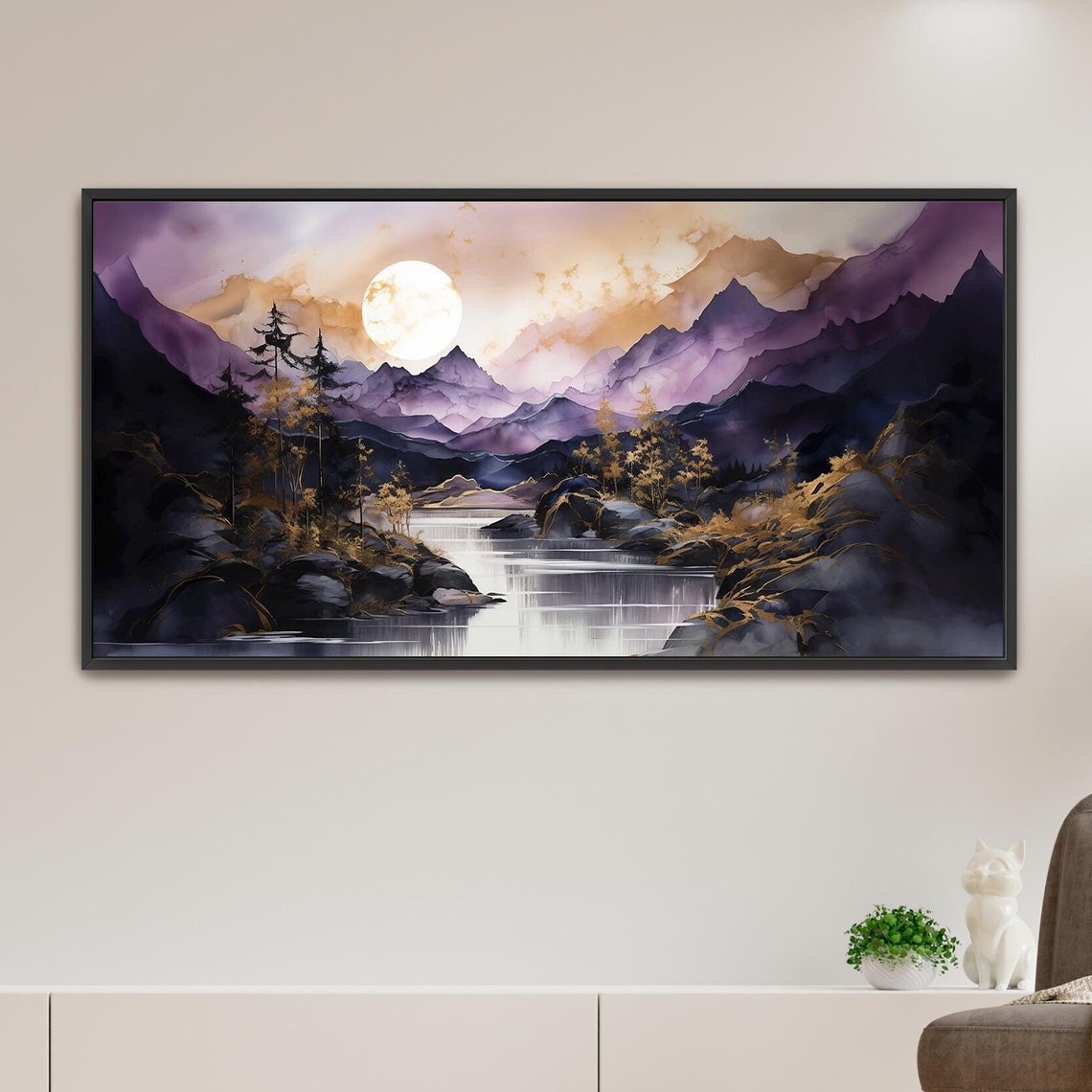 Moody Purple Mountain Moon Lake Reflection Panoramic Night Poster