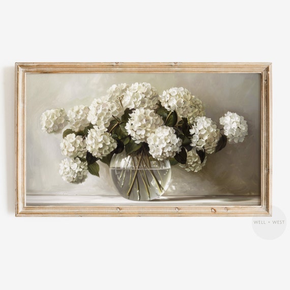 White Hydrangeas Vintage Style Floral Art Print
