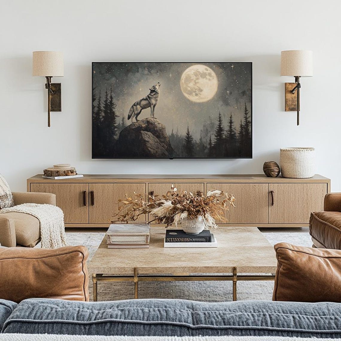 Wolf Howling At Full Moon Starry Night Forest Vintage Art Print - Image 2