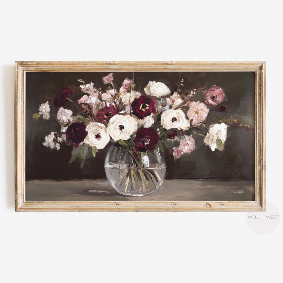 Burgundy and Ivory Anemones Bouquet Vintage Style Floral Wall Print