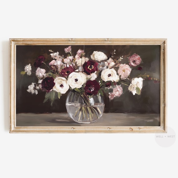 Moody Flowers Frame Tv Art Rustic Burgundy Floral Painting Dark Aesthetic Vintage Style Pink Valentines Day Mothers Day Art Tv413