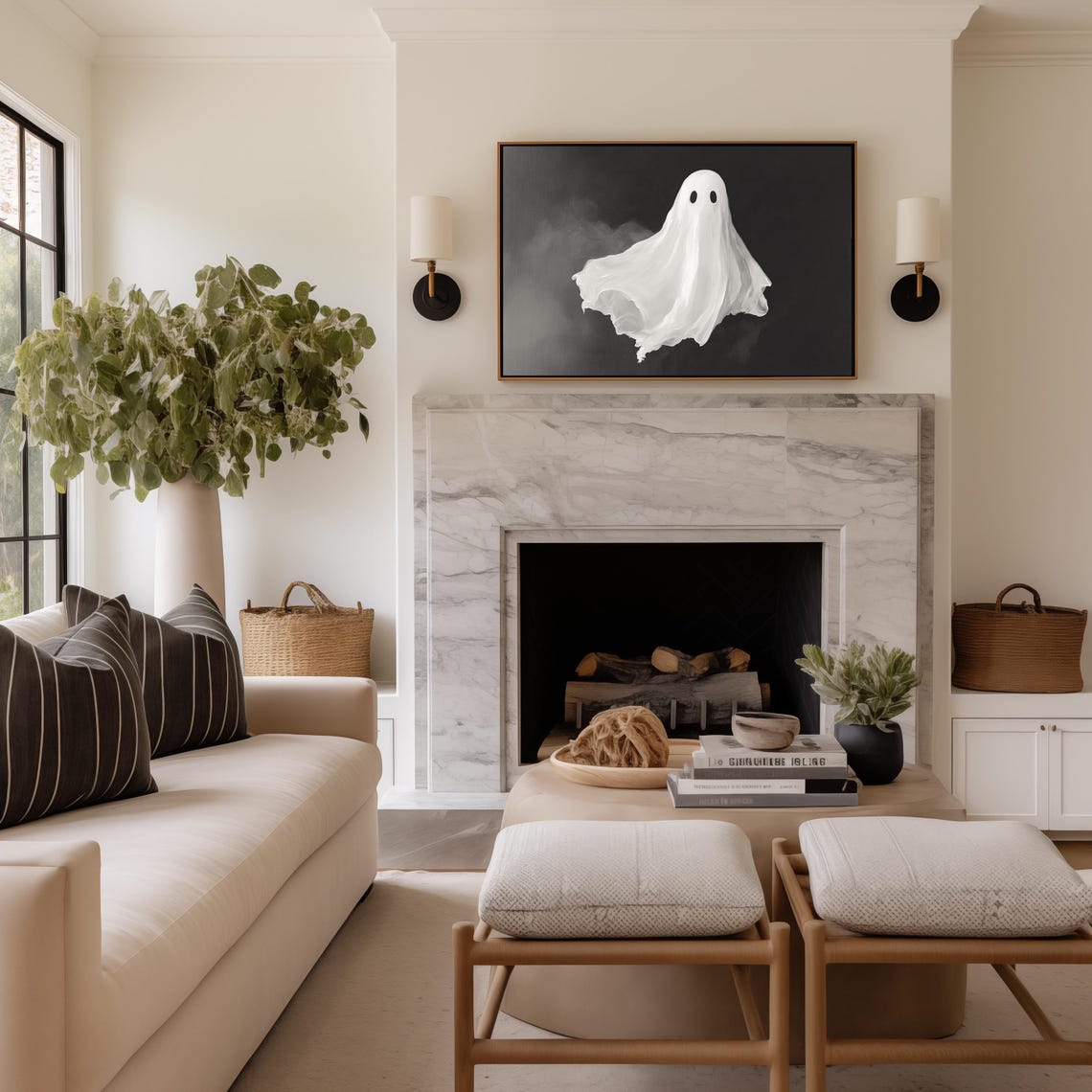 Cute White Ghost On Black Vintage Halloween Spooky Art Print - Image 3