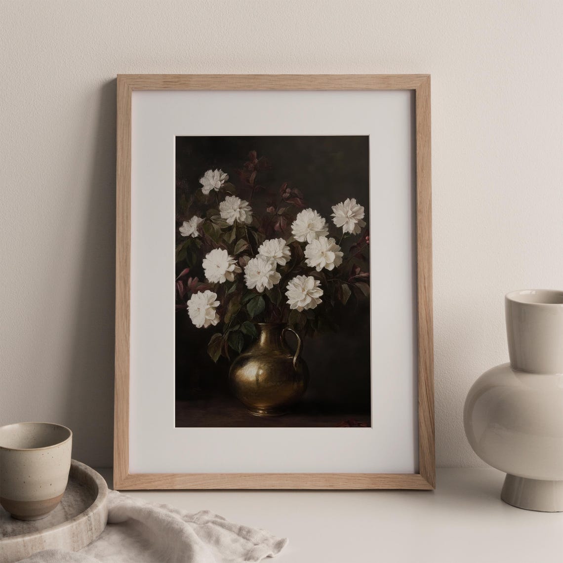Moody White Flower Brass Pitcher Dark Academia Floral Still Life Print - Image 2