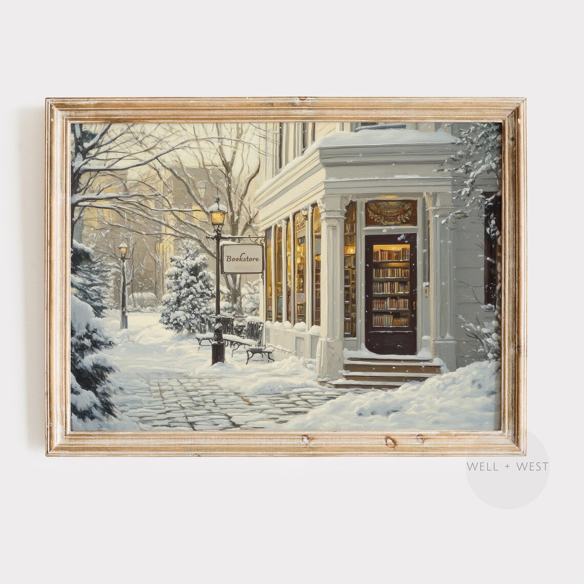 Winter Book Shop, Vintage Winter Bookstore Art Print