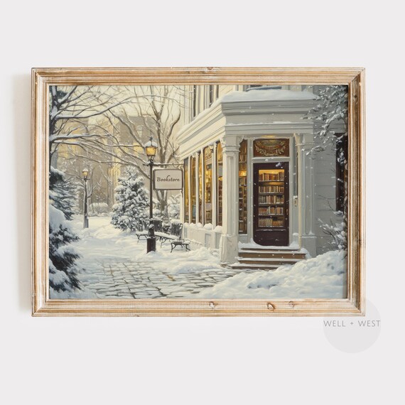 Winter Book Shop, Vintage Winter Bookstore Art Print