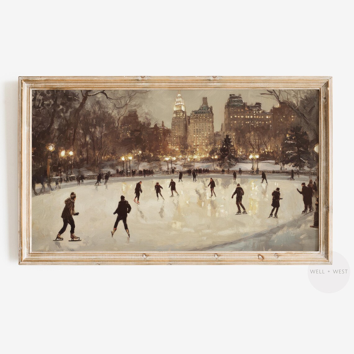 Central Park Ice Skating Art Print, Rustic Winter Landscape