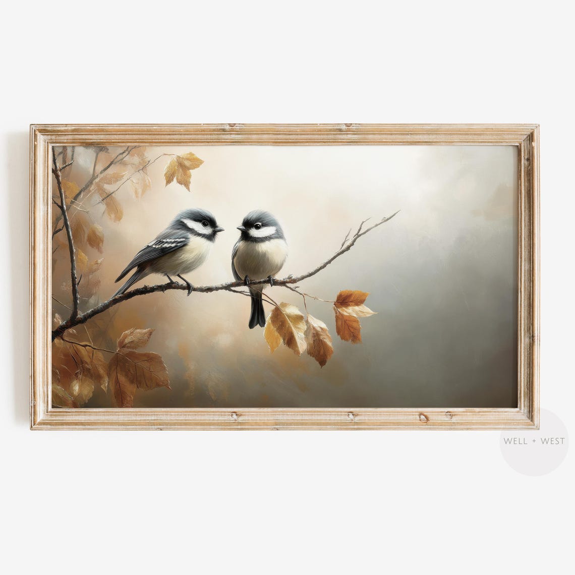 Two Chickadees On Branch Autumn Leaves Misty Neutral Art Print