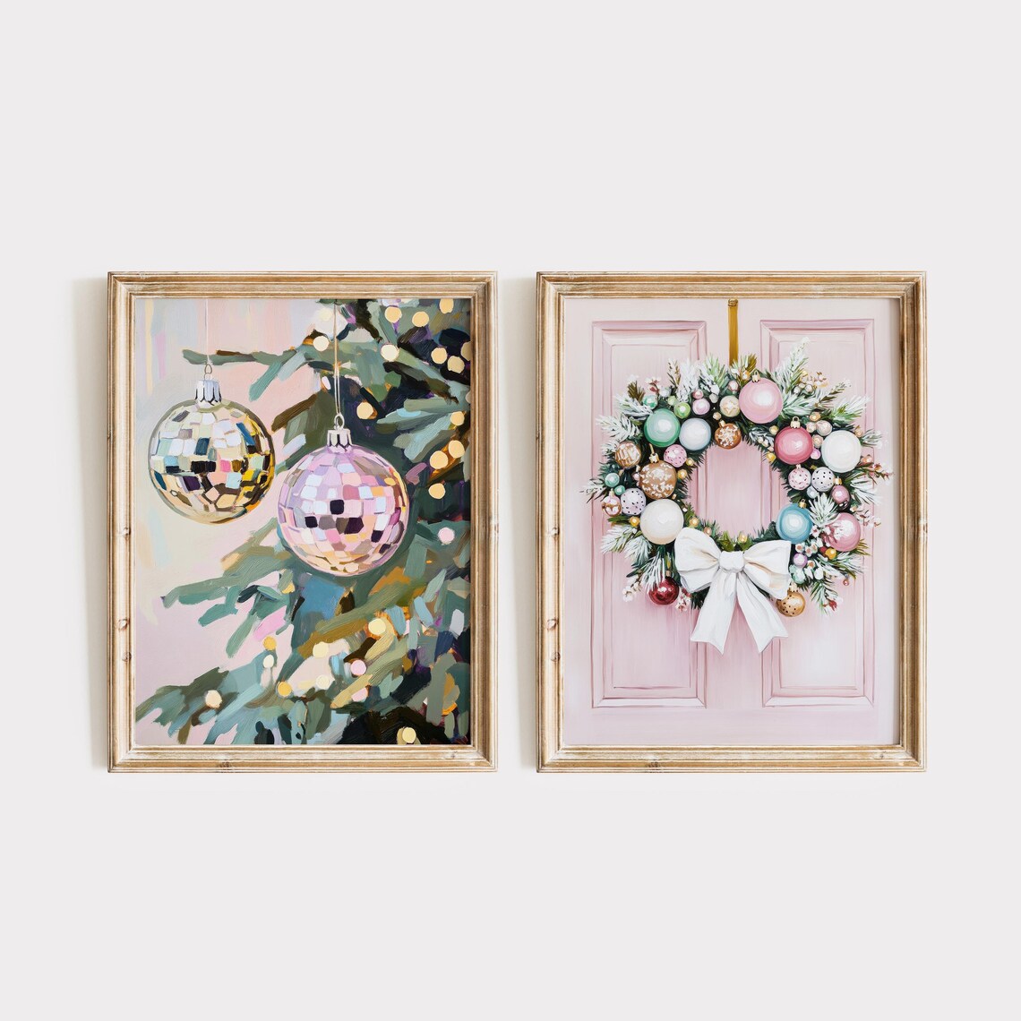 Coquette Pink Door Christmas Wreath Pastel Ornaments Holiday Wall Art - Image 3