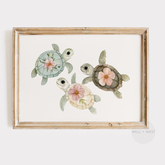 Turtle Print Tropical Sea Turtle Painting Pastel Floral Print Beach House Decor Vintage Style Coastal Art Nursery Wall Art P427