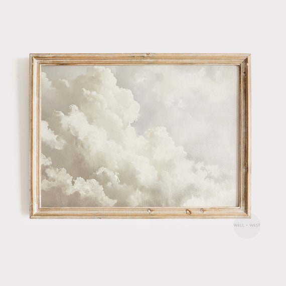 Vintage Cloud Oil Painting Horizontal Neutral Sky Print Country Decor Minimalist Living Room Art Antique Nursery P1512