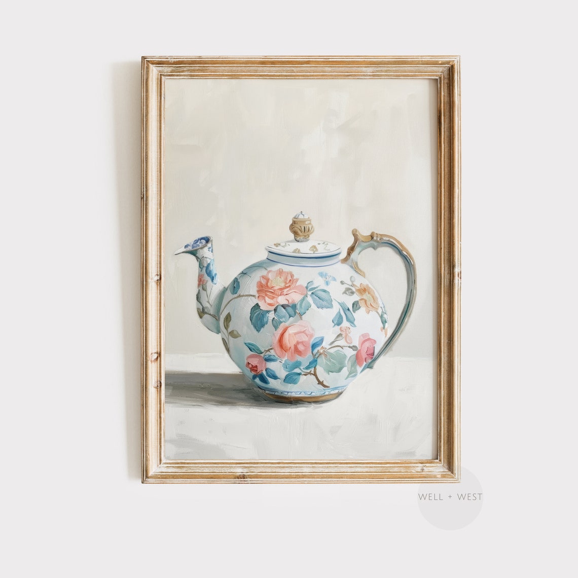 Chinoiserie Tea Pot Print Pastel Fine China Oil Painting Farmhouse Wall Art Antique Teapot Art Still Life Painting P185