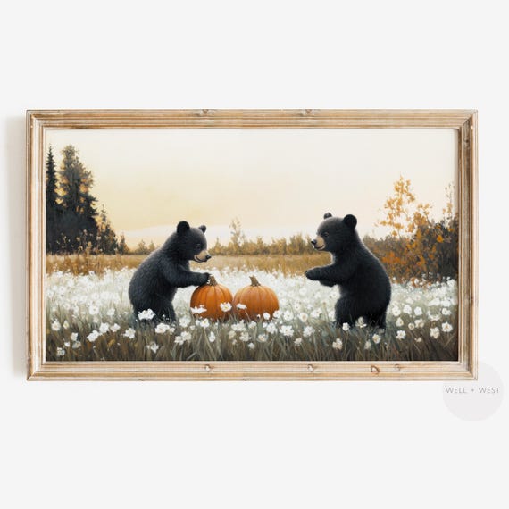 Fall Halloween Frame Tv Art Cute Bears With Pumpkins Painting Autumn Wildflower Field Frame Tv Art Thanksgiving Tv Art Tv259