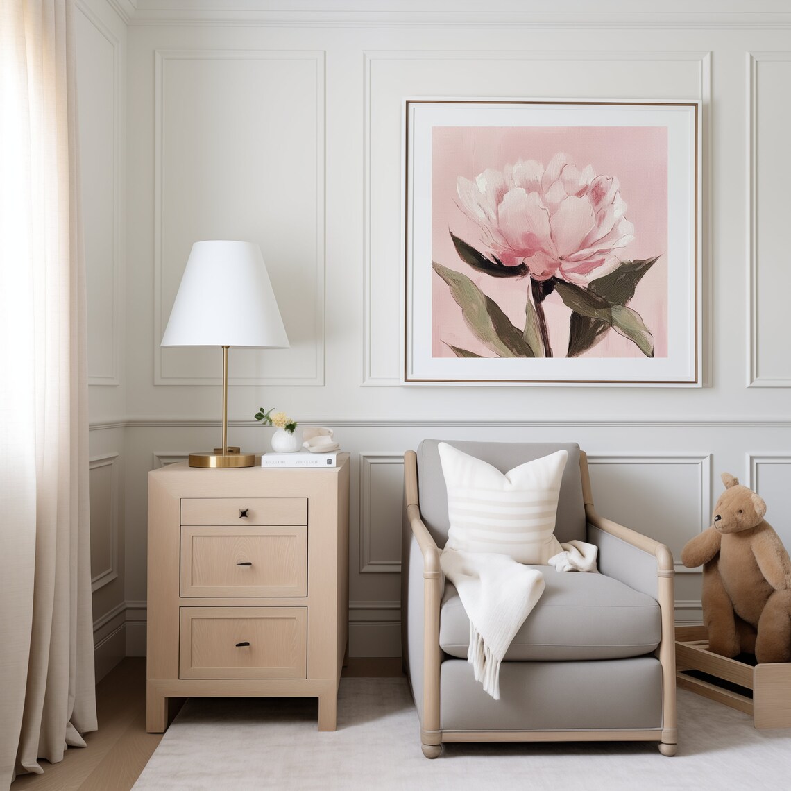Pink Peony Flower Oil Painting, Vintage Spring Decor - Image 3