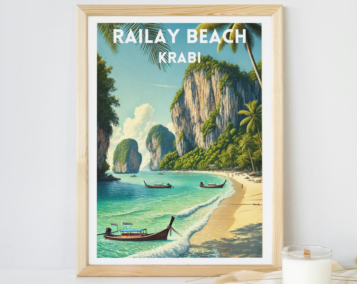 Krabi Railay Beach Travel Poster, Thailand Decor