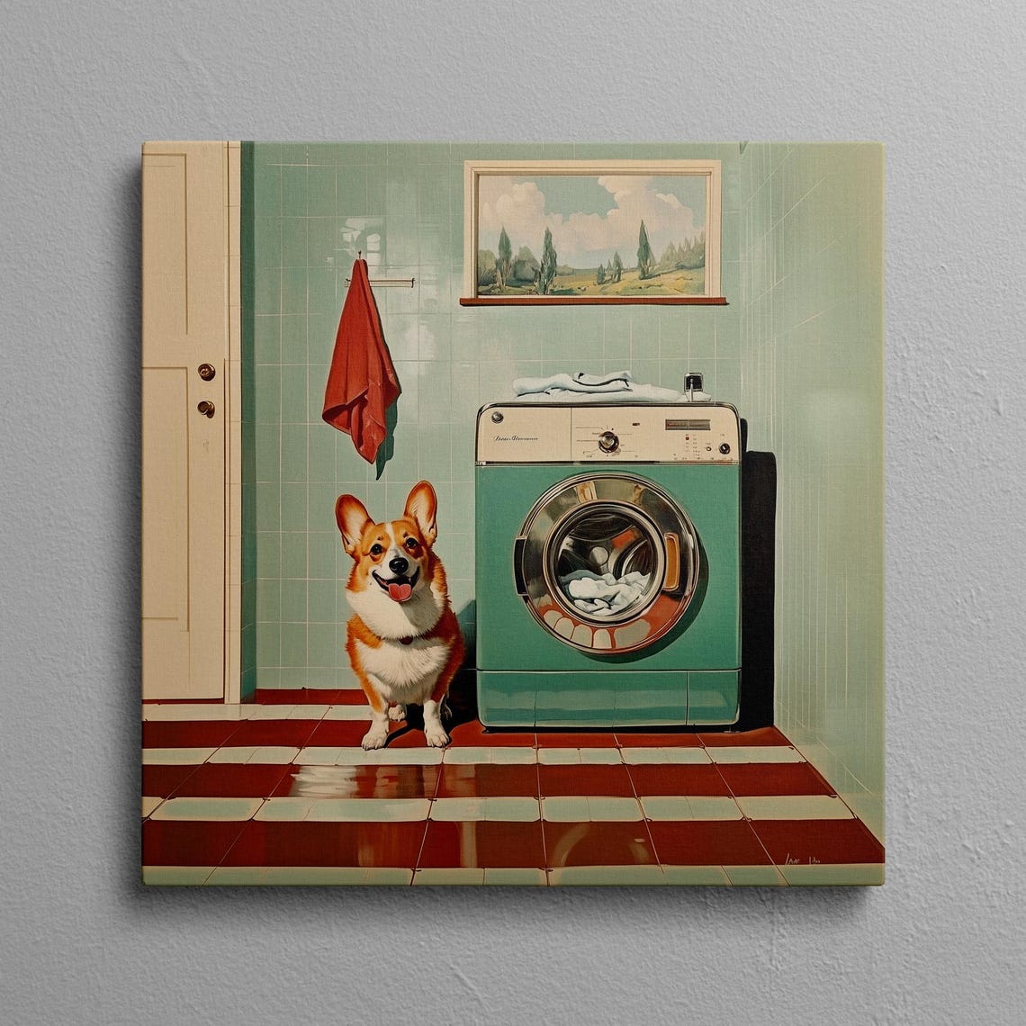 Corgi Laundry Helper Sitting by a Retro Washing Machine Poster