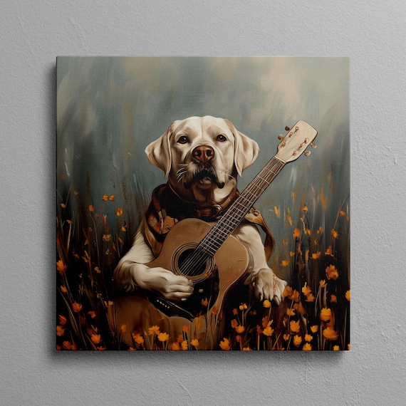 Yellow Labrador Holding A Guitar In A Wildflower Meadow Poster