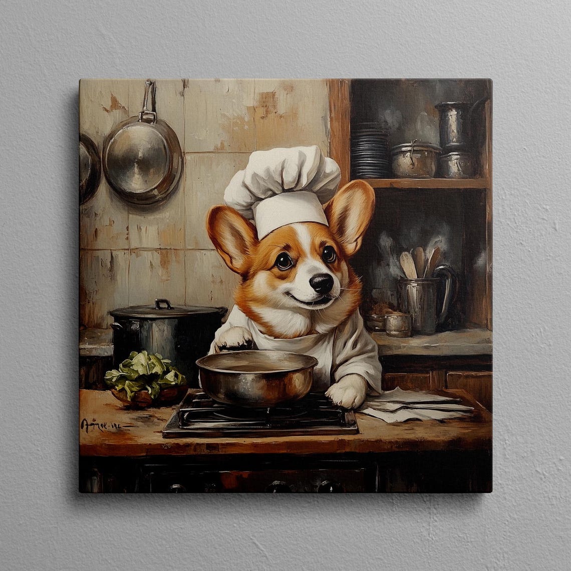 Corgi Chef Portrait Wearing a Chef Hat in Rustic Kitchen Poster
