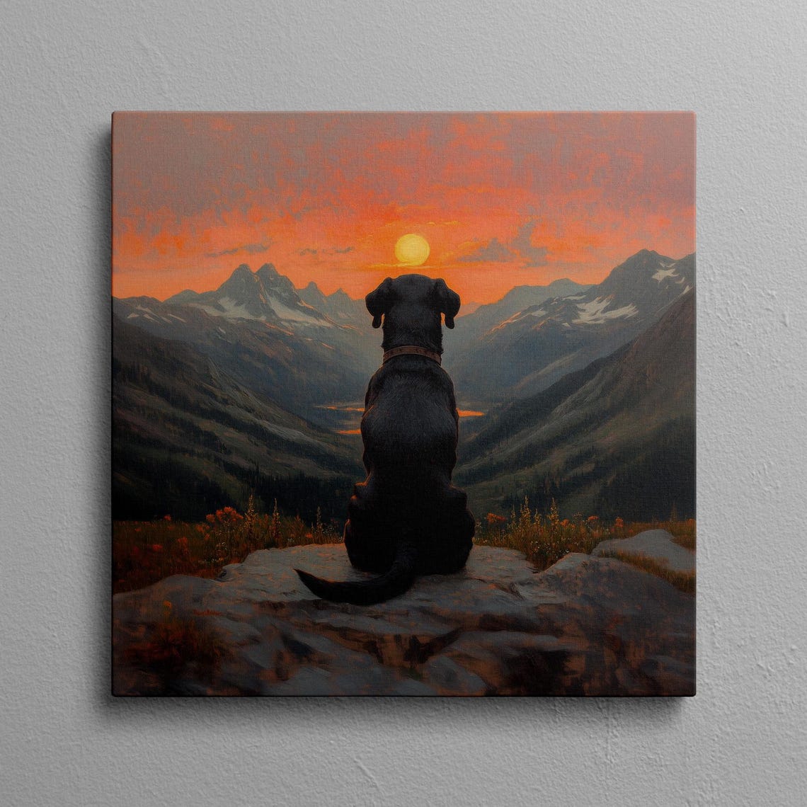 Black Lab Watching Mountain Sunset Sitting on a Rock Wall Art