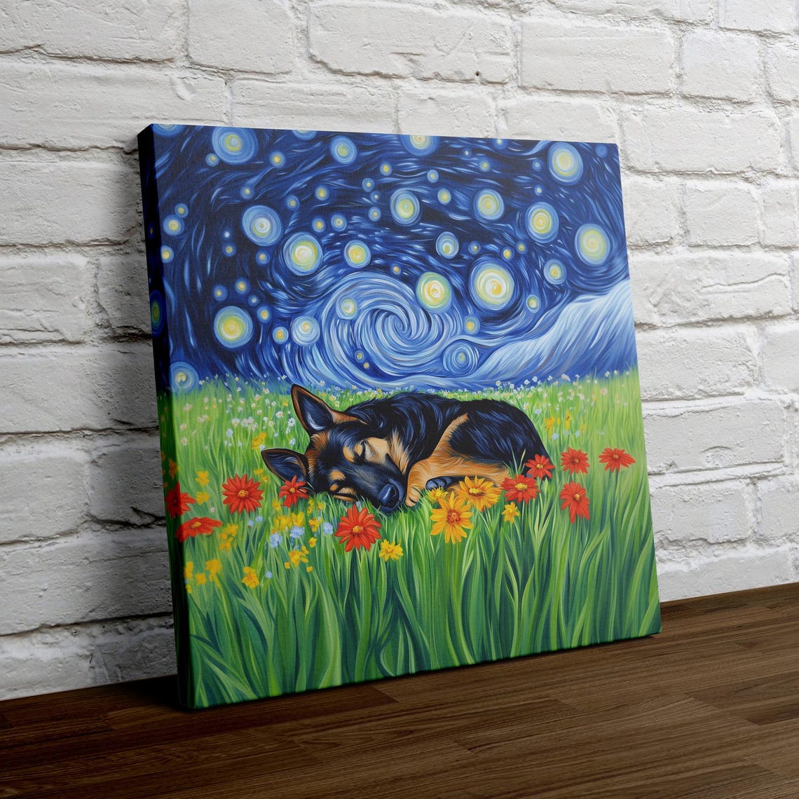 German Shepherd Sleeping in Starry Night Flower Field Wall Art - Image 4
