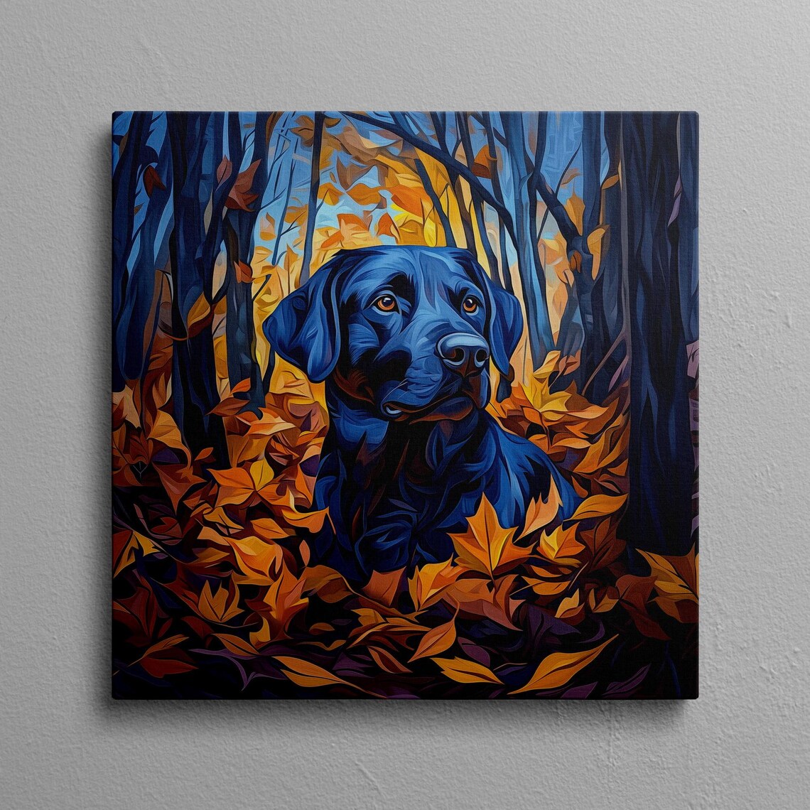 Black Labrador in Autumn Leaves Fall Painting Dog Art Poster