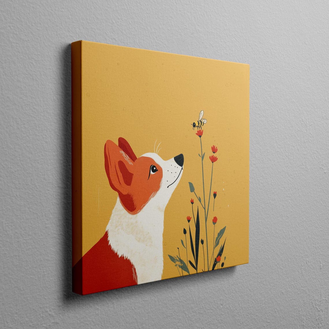 Corgi Watching a Bee on Wildflowers Minimalist Yellow Art Poster - Image 2