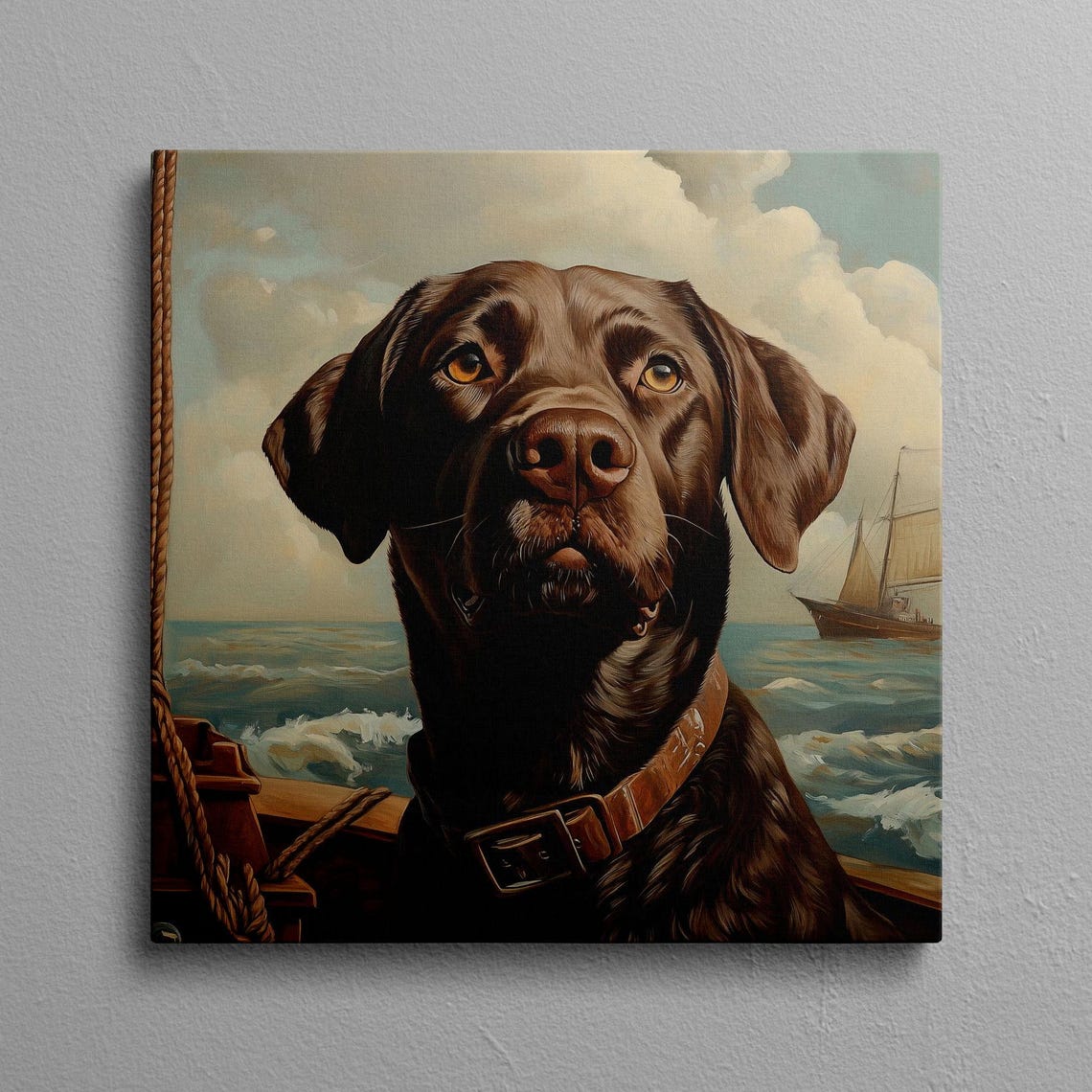Chocolate Labrador Sailor On A Boat Deck With Tall Ship Poster