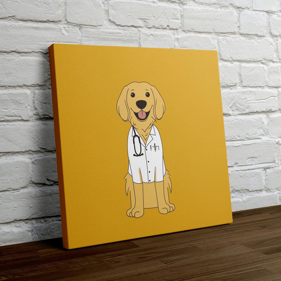 Happy Golden Retriever Doctor Cartoon On Mustard Gold Wall Art - Image 4