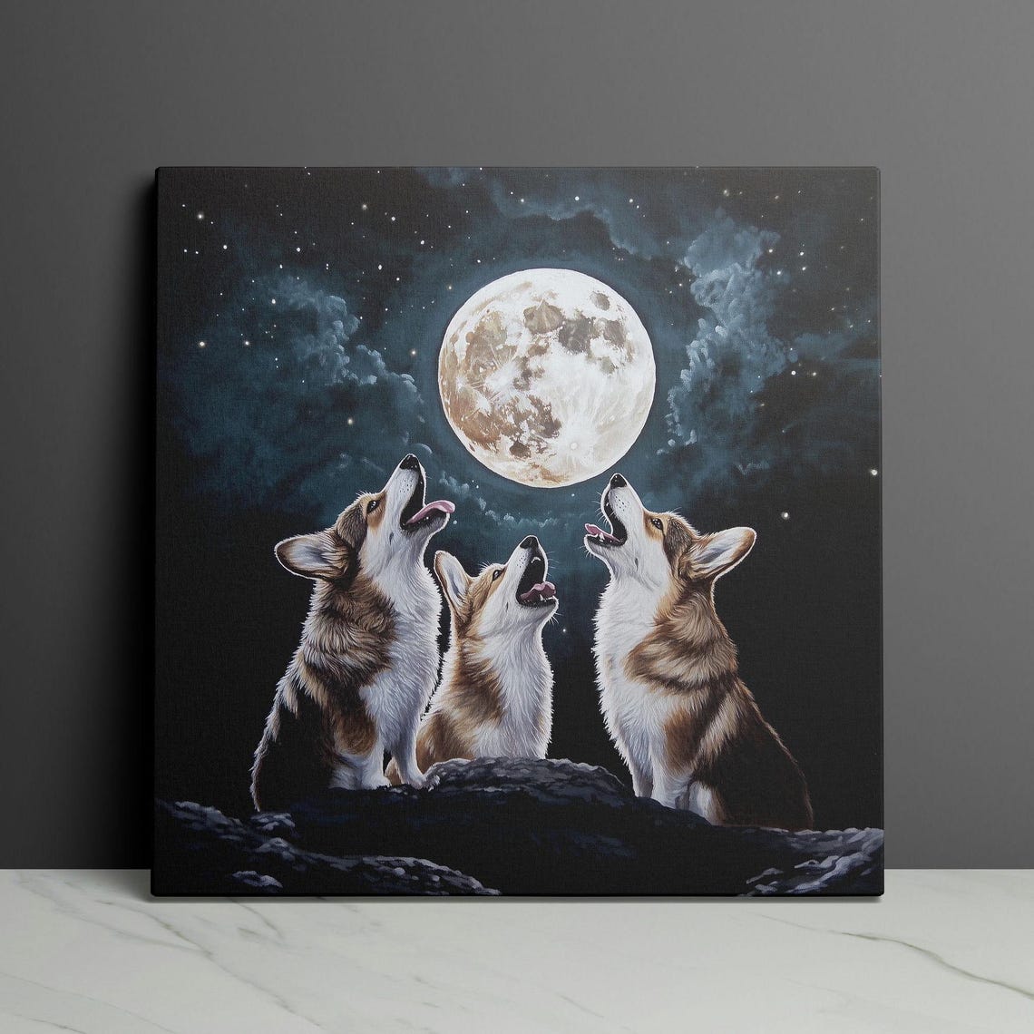 Three Corgis Howling Together At The Full Moon Starry Night Poster - Image 3