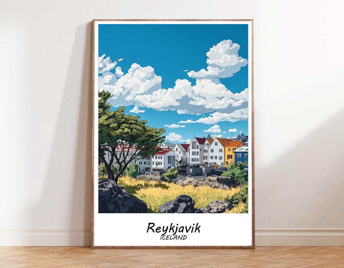 Reykjavik Iceland Colorful City Mountains Harbor Travel Poster - Image 3